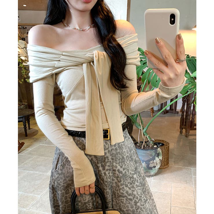 オフショルフロントリボントップス オフショルダー Tシャツ | Riff | 詳細画像2 