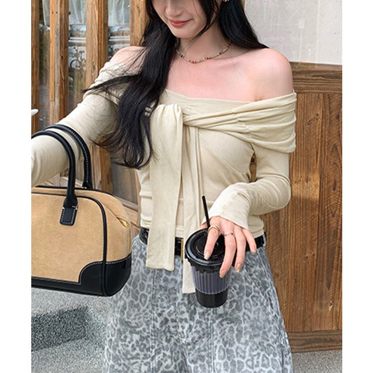 オフショルフロントリボントップス オフショルダー Tシャツ | Riff | 詳細画像3 