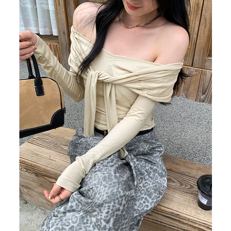 オフショルフロントリボントップス オフショルダー Tシャツ | Riff | 詳細画像4 