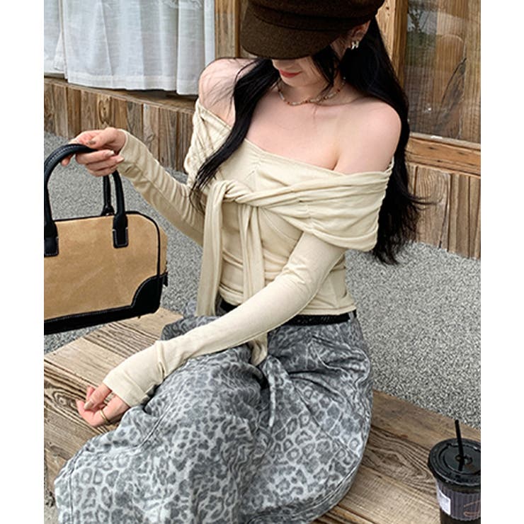 オフショルフロントリボントップス オフショルダー Tシャツ | Riff | 詳細画像5 