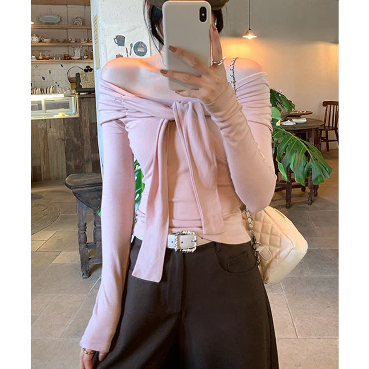 オフショルフロントリボントップス オフショルダー Tシャツ | Riff | 詳細画像8 