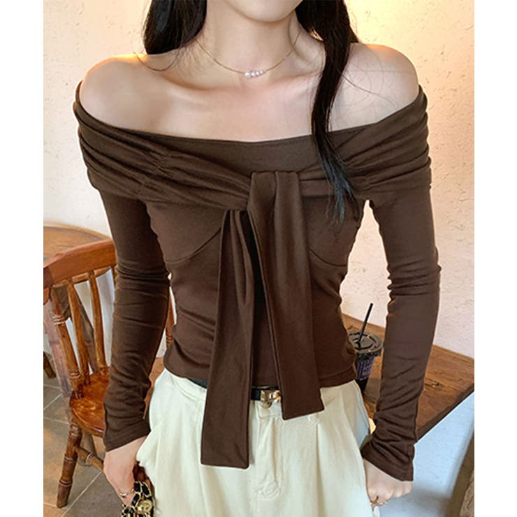 ブラウン | オフショルフロントリボントップス オフショルダー Tシャツ | Riff