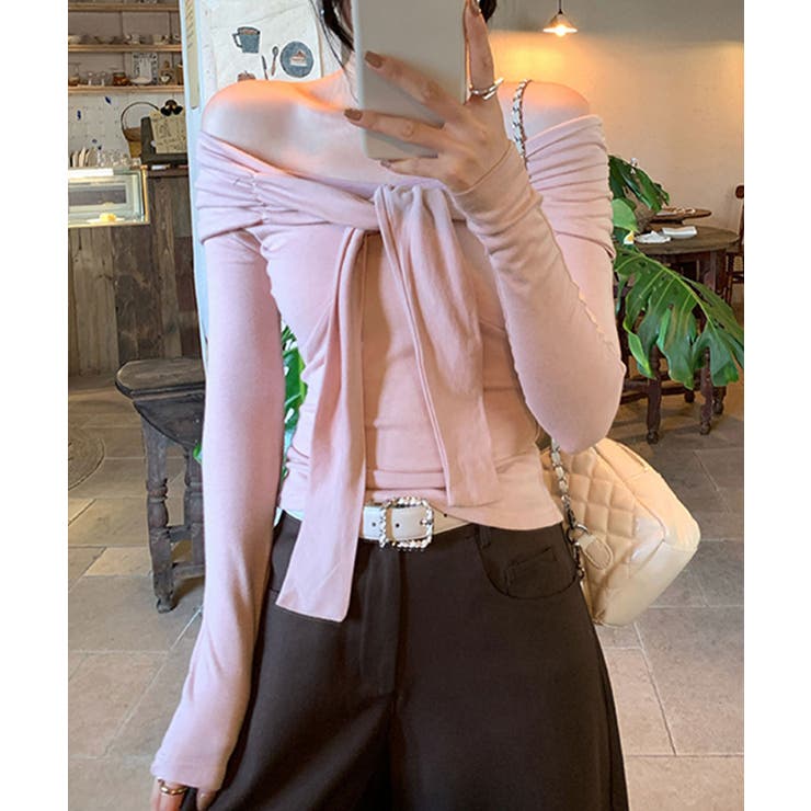 ピンク | オフショルフロントリボントップス オフショルダー Tシャツ | Riff