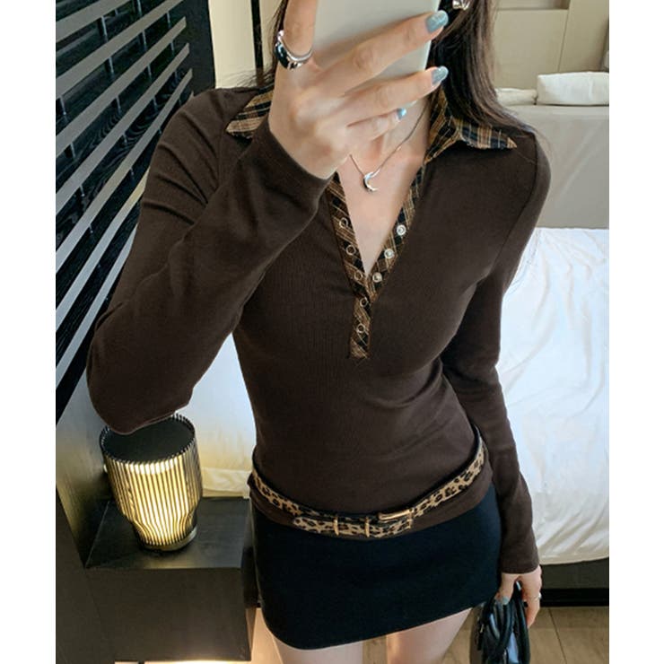 ポロ襟チェック柄切り替えトップス 衿付き Vネック | Riff | 詳細画像10 