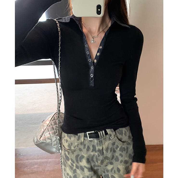 ポロ襟チェック柄切り替えトップス 衿付き Vネック | Riff | 詳細画像15 