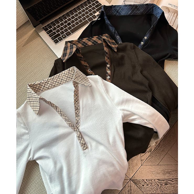 ポロ襟チェック柄切り替えトップス 衿付き Vネック | Riff | 詳細画像2 