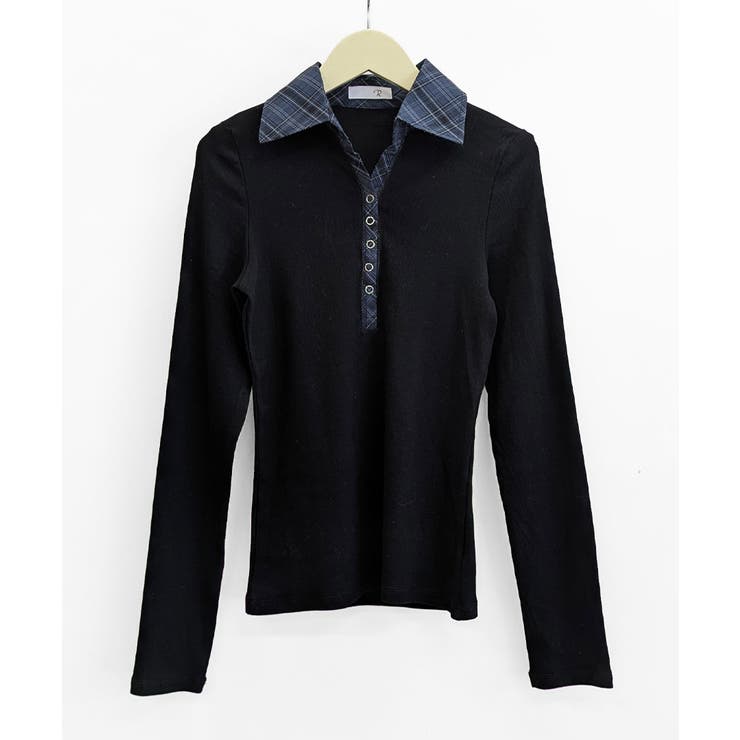 ポロ襟チェック柄切り替えトップス 衿付き Vネック | Riff | 詳細画像20 