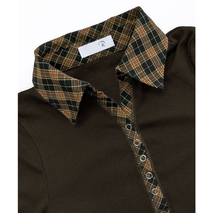 ポロ襟チェック柄切り替えトップス 衿付き Vネック | Riff | 詳細画像24 