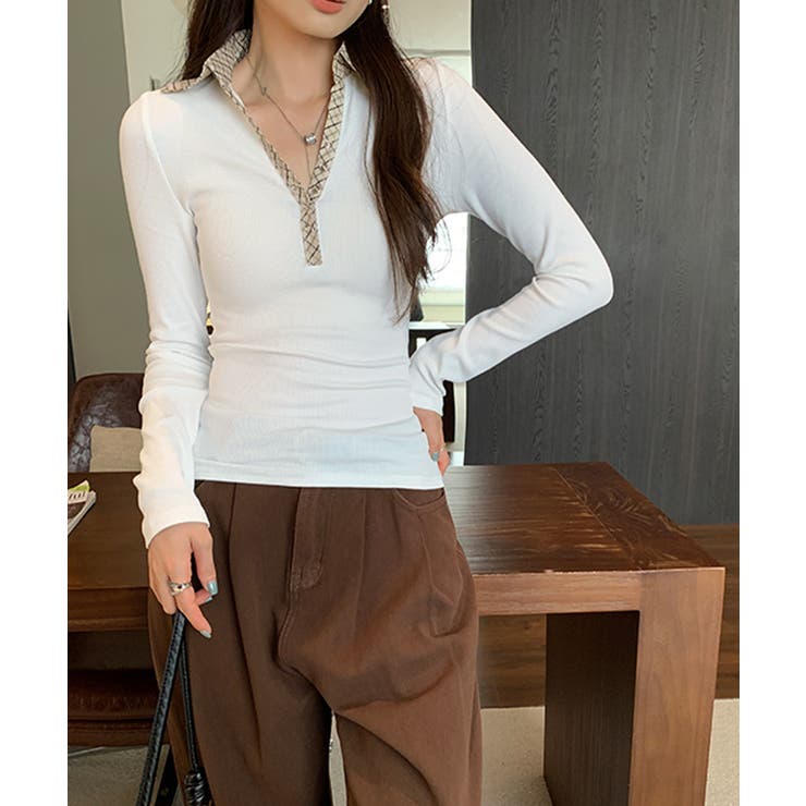 ポロ襟チェック柄切り替えトップス 衿付き Vネック | Riff | 詳細画像3 