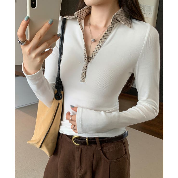 ポロ襟チェック柄切り替えトップス 衿付き Vネック | Riff | 詳細画像4 