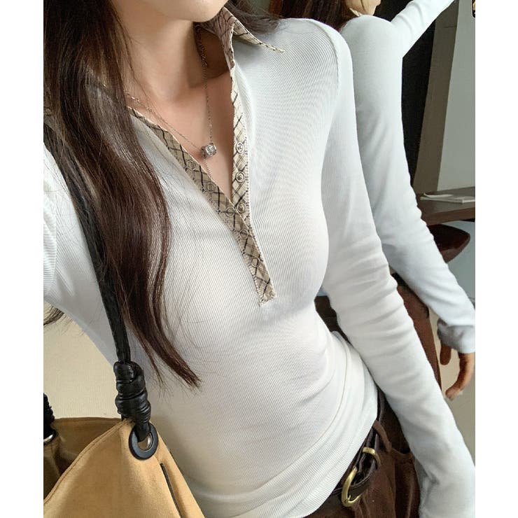 ポロ襟チェック柄切り替えトップス 衿付き Vネック | Riff | 詳細画像6 