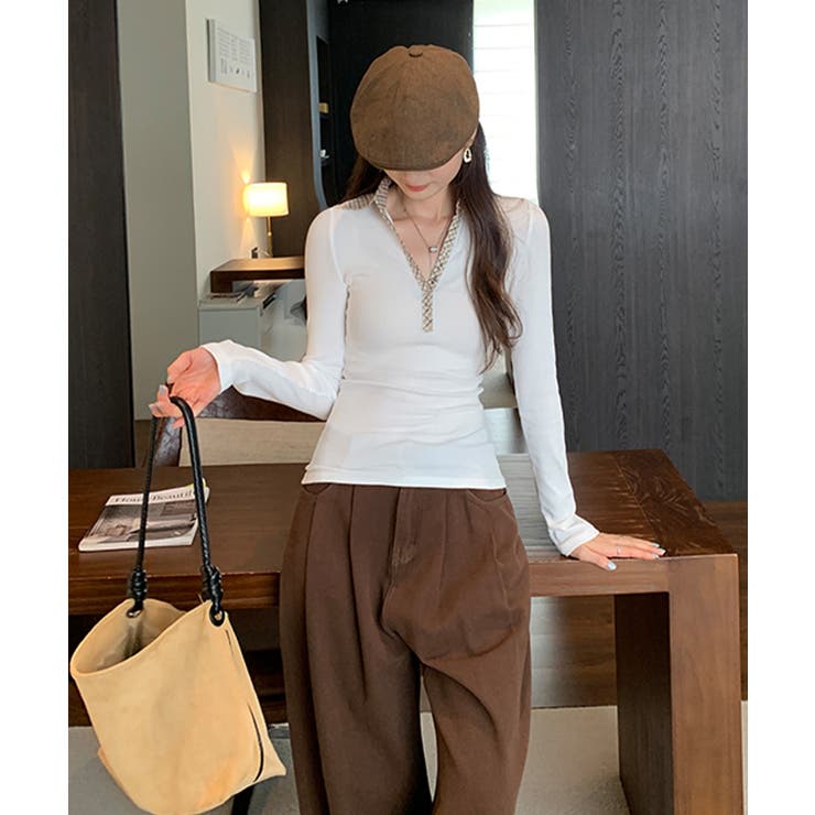 ポロ襟チェック柄切り替えトップス 衿付き Vネック | Riff | 詳細画像7 