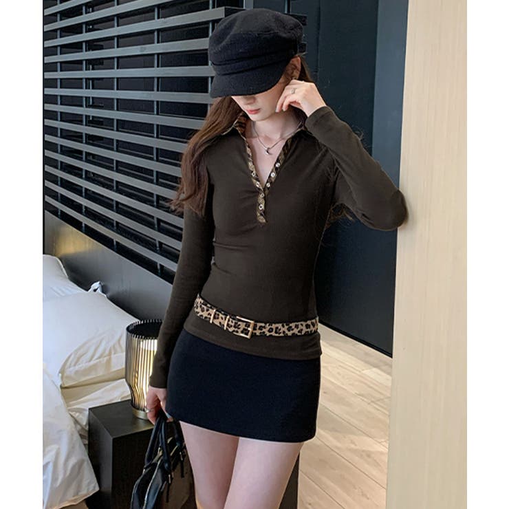 ポロ襟チェック柄切り替えトップス 衿付き Vネック | Riff | 詳細画像9 