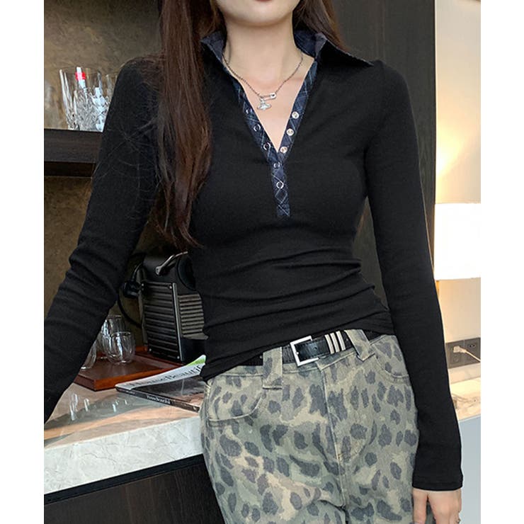 ブラック | ポロ襟チェック柄切り替えトップス 衿付き Vネック | Riff