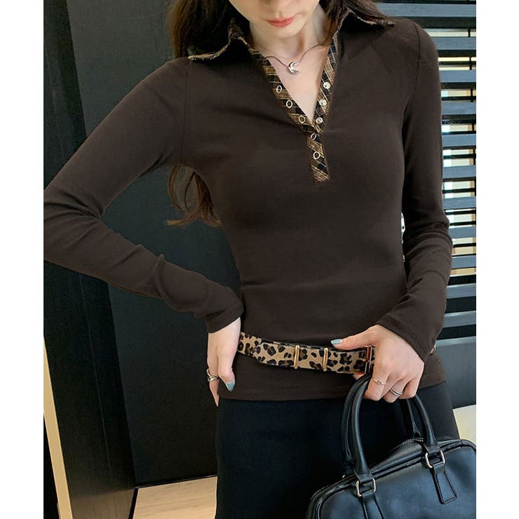 ブラウン | ポロ襟チェック柄切り替えトップス 衿付き Vネック | Riff