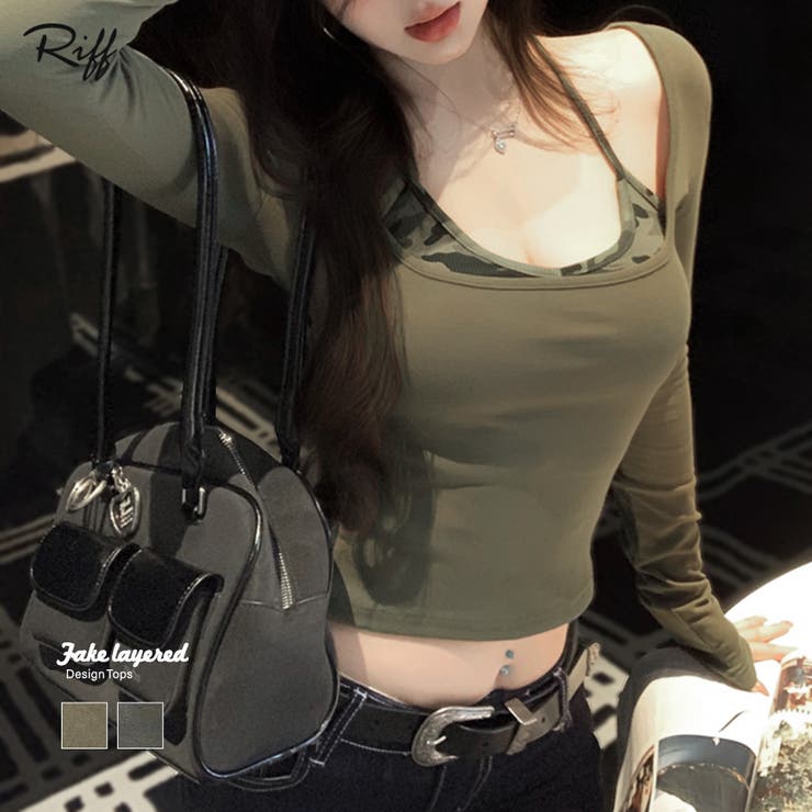 迷彩柄キャミレイヤードトップス 重ね着風 ドッキング | Riff | 詳細画像1 