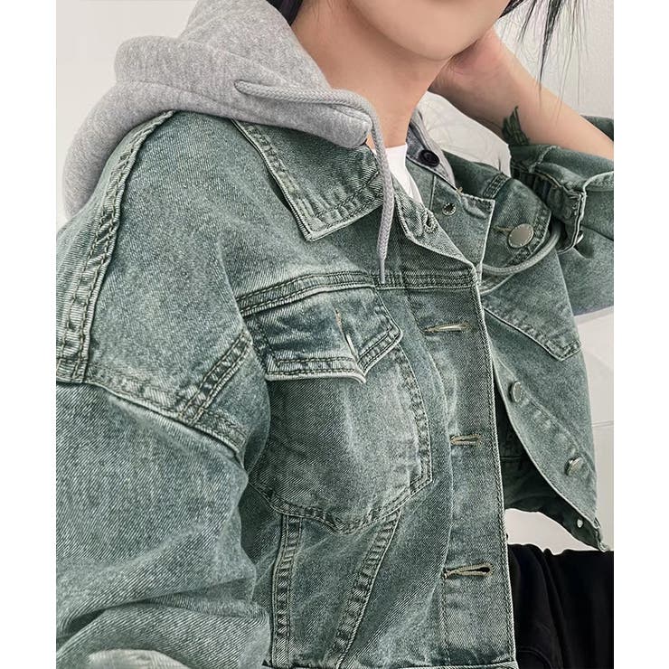 クロップドフード付きデニムジャケット Gジャン ジャンパー | Riff | 詳細画像13 