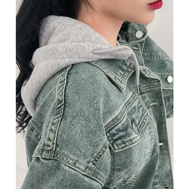 クロップドフード付きデニムジャケット Gジャン ジャンパー | Riff | 詳細画像14 