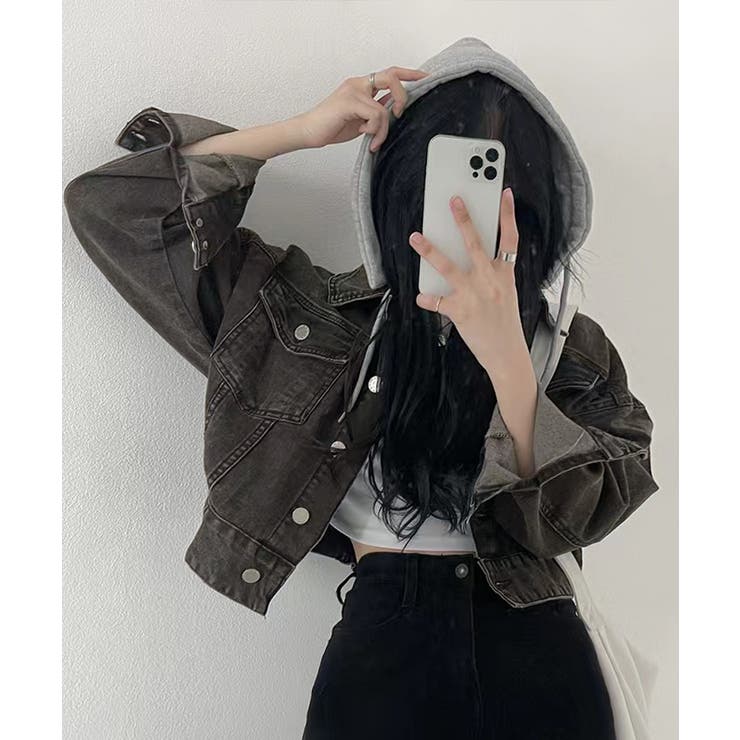 クロップドフード付きデニムジャケット Gジャン ジャンパー | Riff | 詳細画像22 