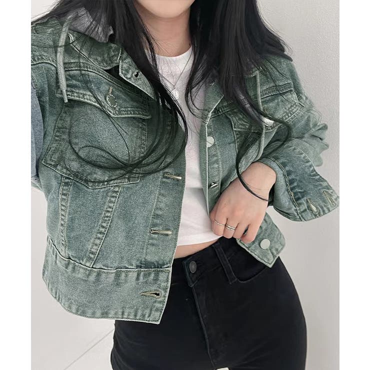 クロップドフード付きデニムジャケット Gジャン ジャンパー | Riff | 詳細画像4 