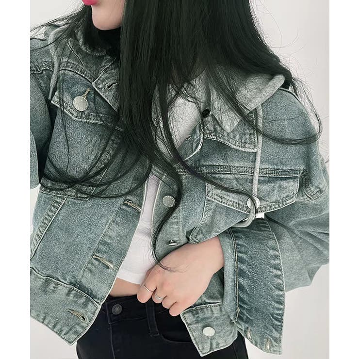 クロップドフード付きデニムジャケット Gジャン ジャンパー | Riff | 詳細画像5 