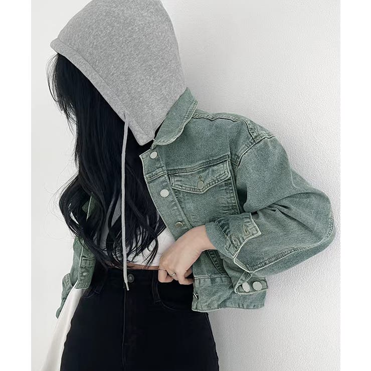 クロップドフード付きデニムジャケット Gジャン ジャンパー | Riff | 詳細画像6 