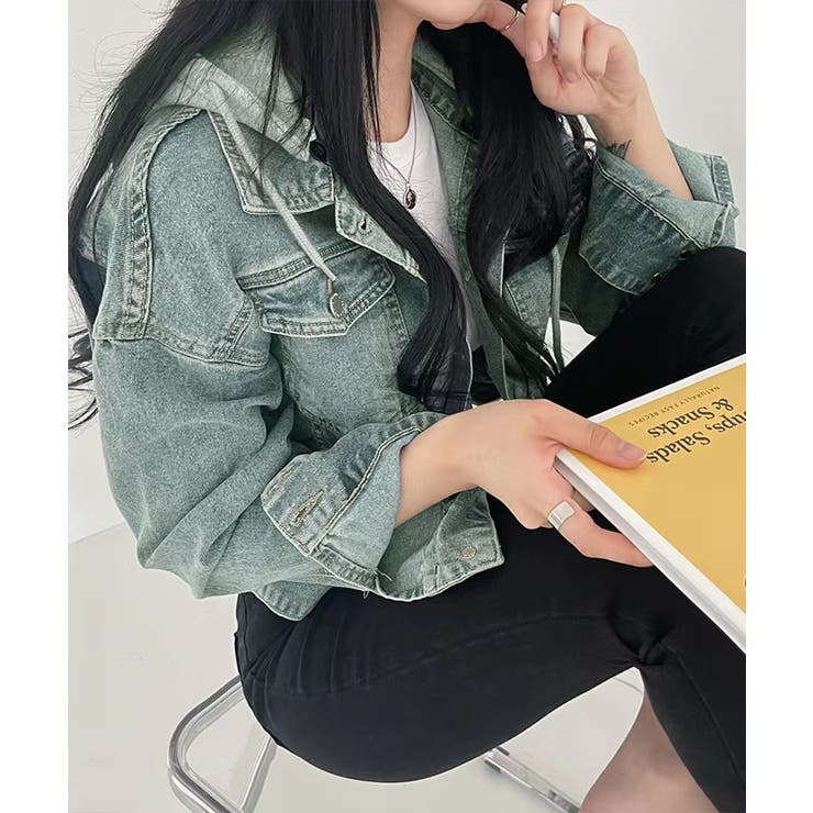 クロップドフード付きデニムジャケット Gジャン ジャンパー | Riff | 詳細画像9 