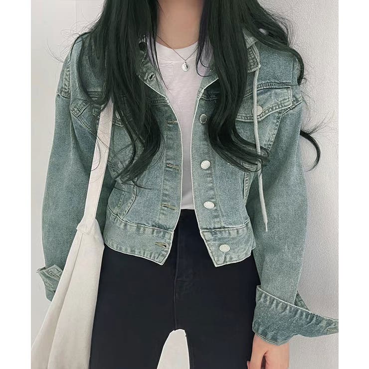 ブルー | クロップドフード付きデニムジャケット Gジャン ジャンパー | Riff