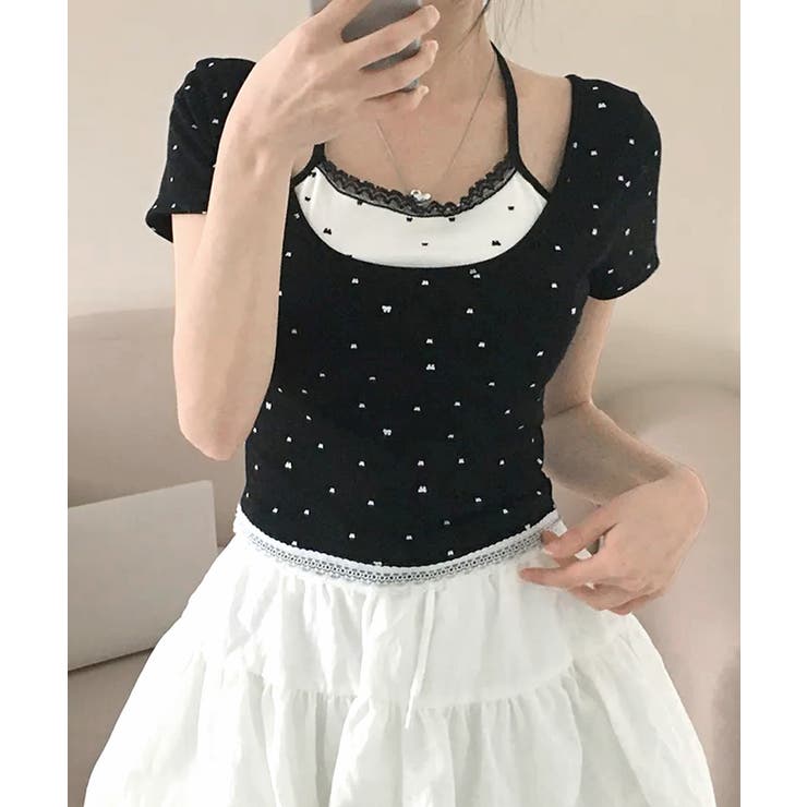 レイヤード風リボン柄Tシャツ カップ付き パッド付き | Riff | 詳細画像14 