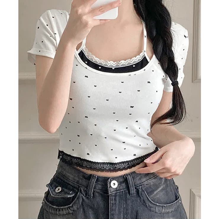 レイヤード風リボン柄Tシャツ カップ付き パッド付き | Riff | 詳細画像3 
