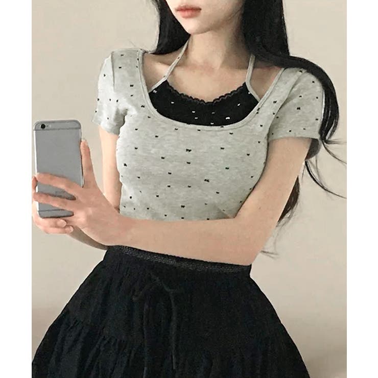 レイヤード風リボン柄Tシャツ カップ付き パッド付き | Riff | 詳細画像8 