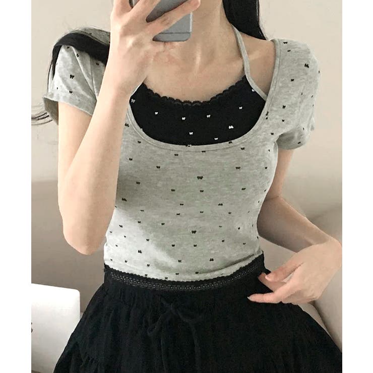 レイヤード風リボン柄Tシャツ カップ付き パッド付き | Riff | 詳細画像9 