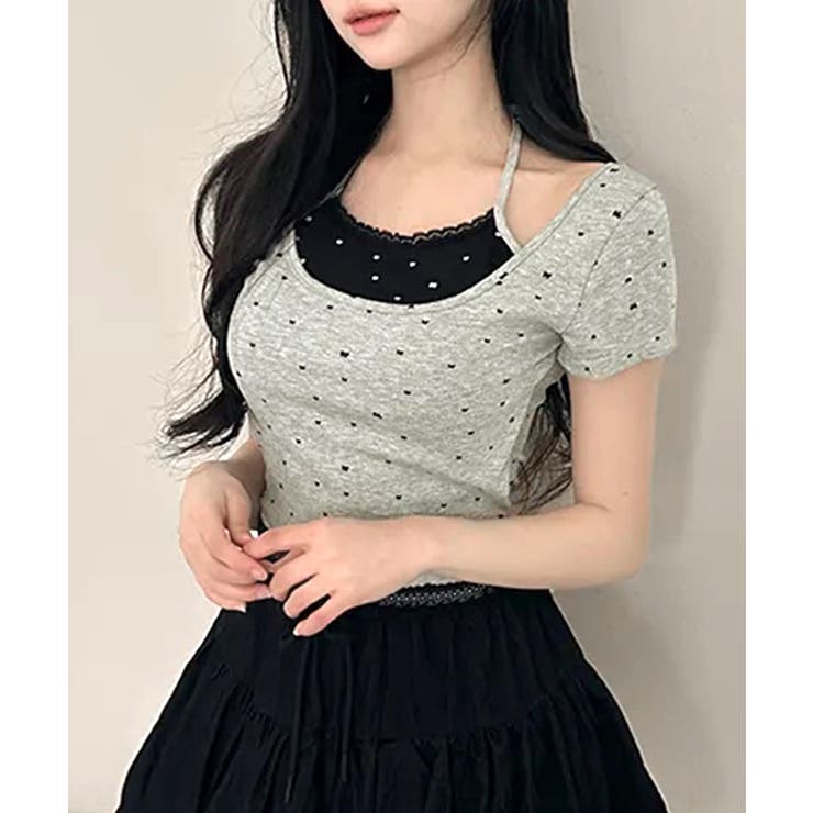 グレー | レイヤード風リボン柄Tシャツ カップ付き パッド付き | Riff