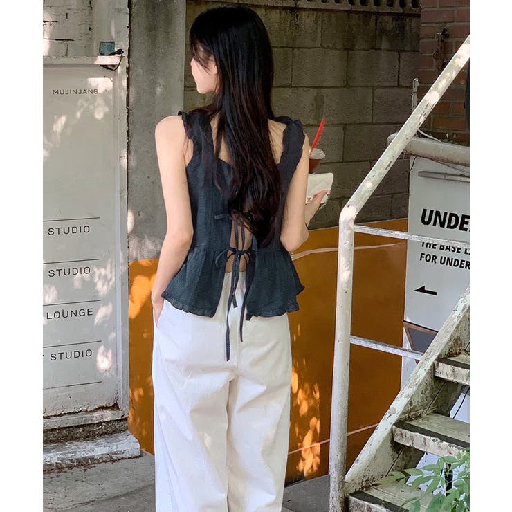 バックリボンペプラムフリルノースリーブトップス タンクトップ チュニック | Riff | 詳細画像25 