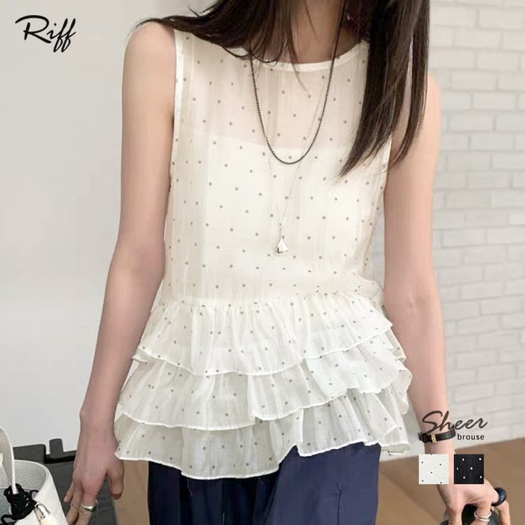 ドット柄シアーティアードノースリーブトップス バックリボン チュニック | Riff | 詳細画像1 