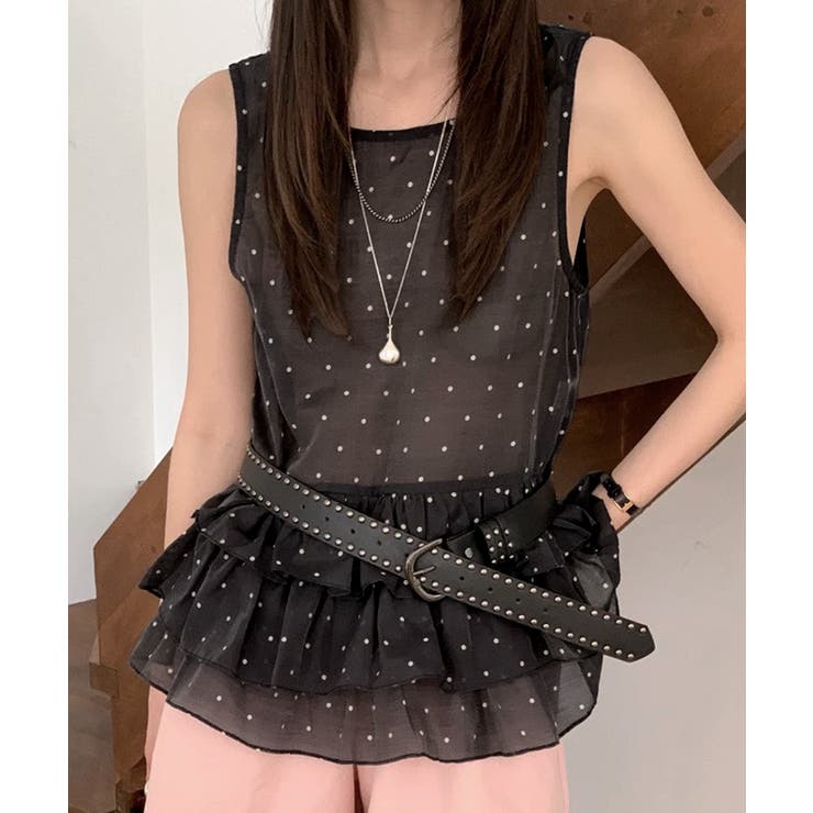 ブラック | ドット柄シアーティアードノースリーブトップス バックリボン チュニック | Riff