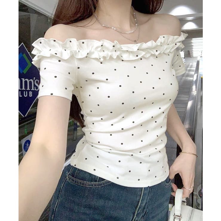 ホワイト | ドット柄フリルオフショルトップス オフショルダー Tシャツ | Riff