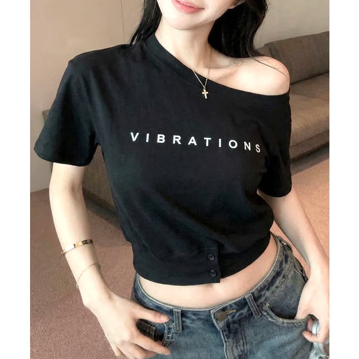 ワンショルロゴプリントTシャツ 裾ボタン ワンショルダー | Riff | 詳細画像12 
