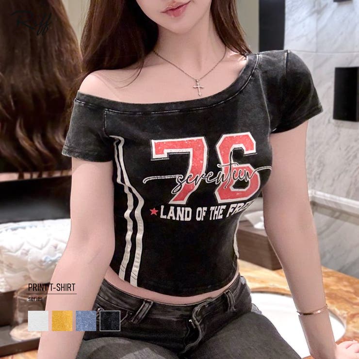 ピグメント加工サイドラインプリントTシャツ ワンショルダー ショート丈 | Riff | 詳細画像1 