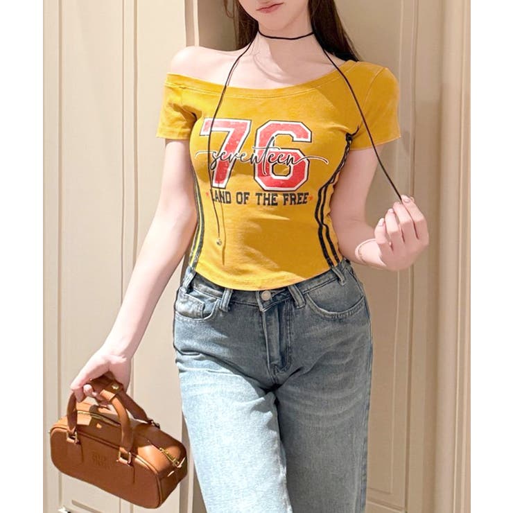 ピグメント加工サイドラインプリントTシャツ ワンショルダー ショート丈 | Riff | 詳細画像13 