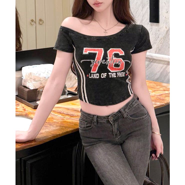 ピグメント加工サイドラインプリントTシャツ ワンショルダー ショート丈 | Riff | 詳細画像20 