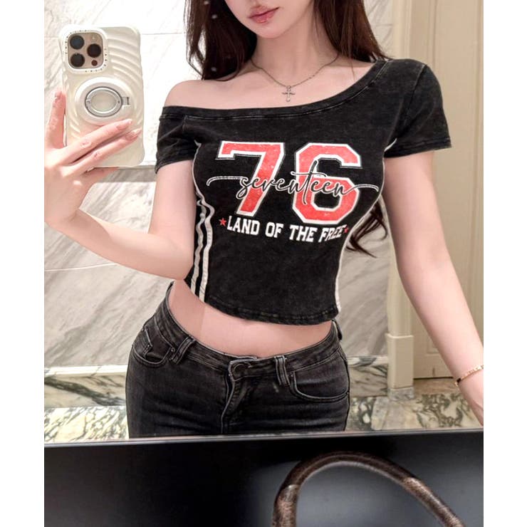 ピグメント加工サイドラインプリントTシャツ ワンショルダー ショート丈 | Riff | 詳細画像21 