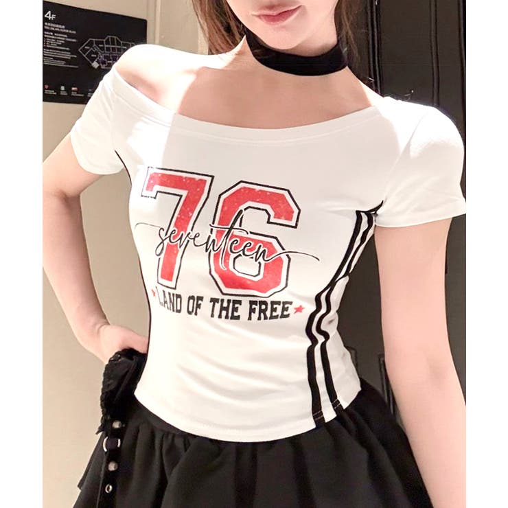 ホワイト | ピグメント加工サイドラインプリントTシャツ ワンショルダー ショート丈 | Riff