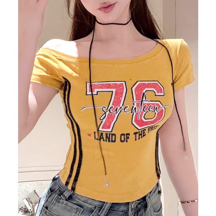 イエロー | ピグメント加工サイドラインプリントTシャツ ワンショルダー ショート丈 | Riff