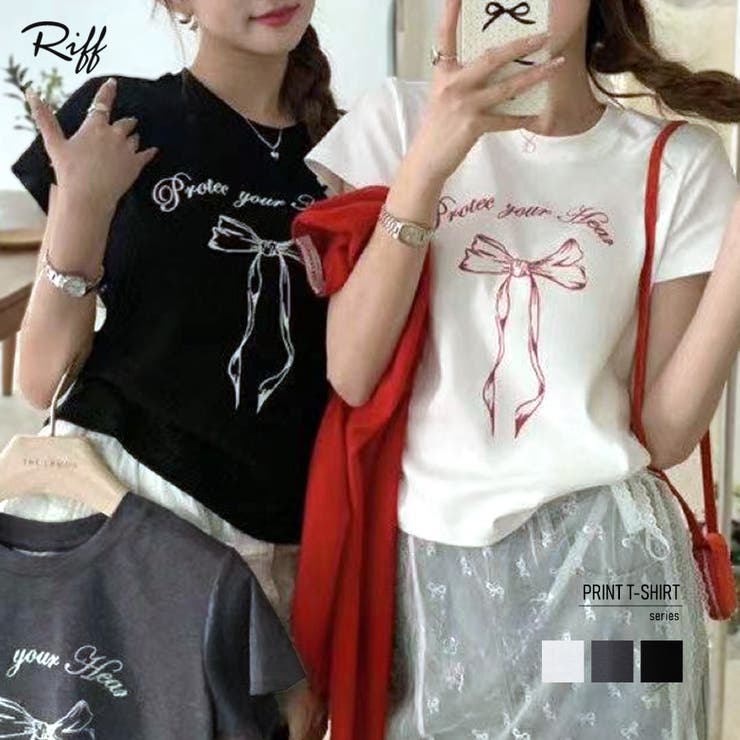 リボンプリントTシャツ プリントT クルーネック | Riff | 詳細画像1 