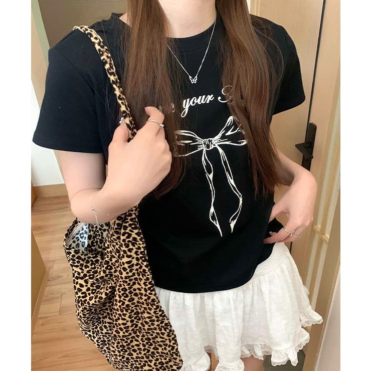 ブラック | リボンプリントTシャツ プリントT クルーネック | Riff