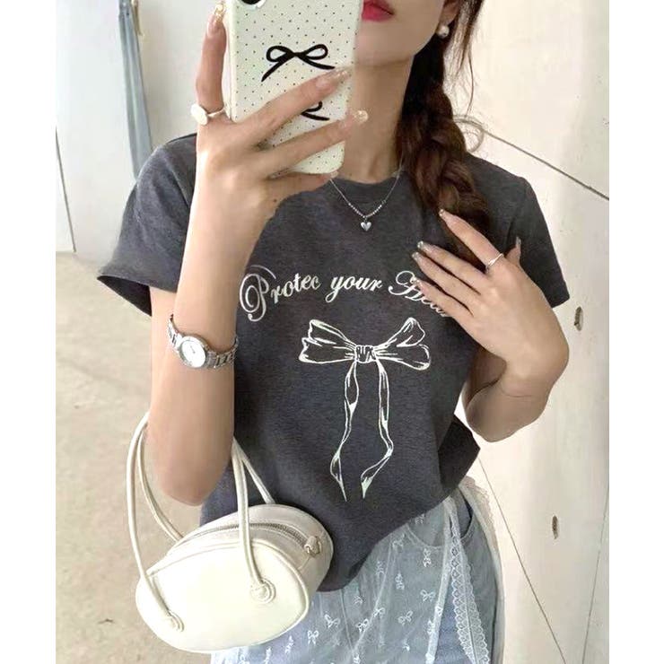 グレー | リボンプリントTシャツ プリントT クルーネック | Riff