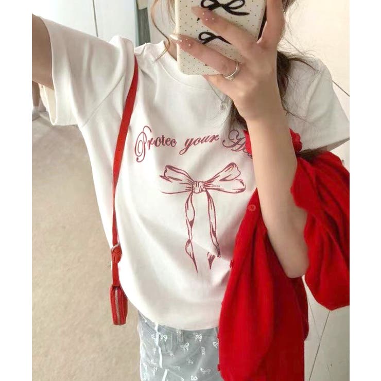 ホワイト | リボンプリントTシャツ プリントT クルーネック | Riff