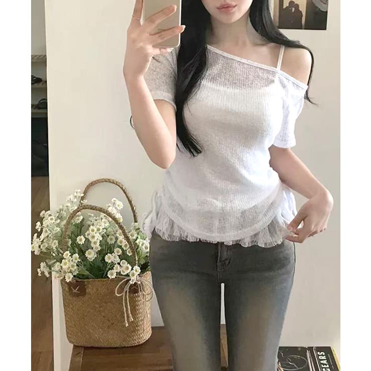 [2点セット] 裾レースフリルキャミソール&ワンショルシアートップス アンサンブ… | Riff | 詳細画像5 