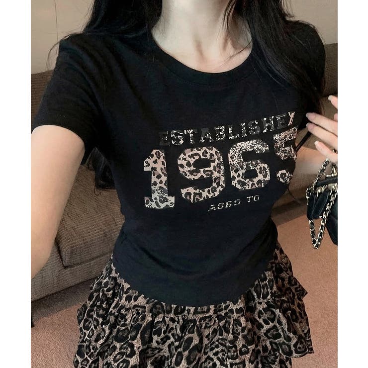 ブラック | レオパード柄ナンバープリントTシャツ プリントT クルーネック | Riff